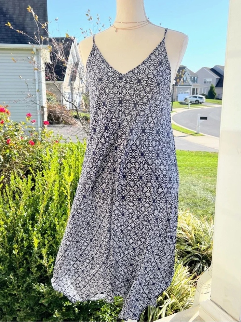 Skye's the Limit Navy Blue & White Patterned Midi Sun Dress Size Large